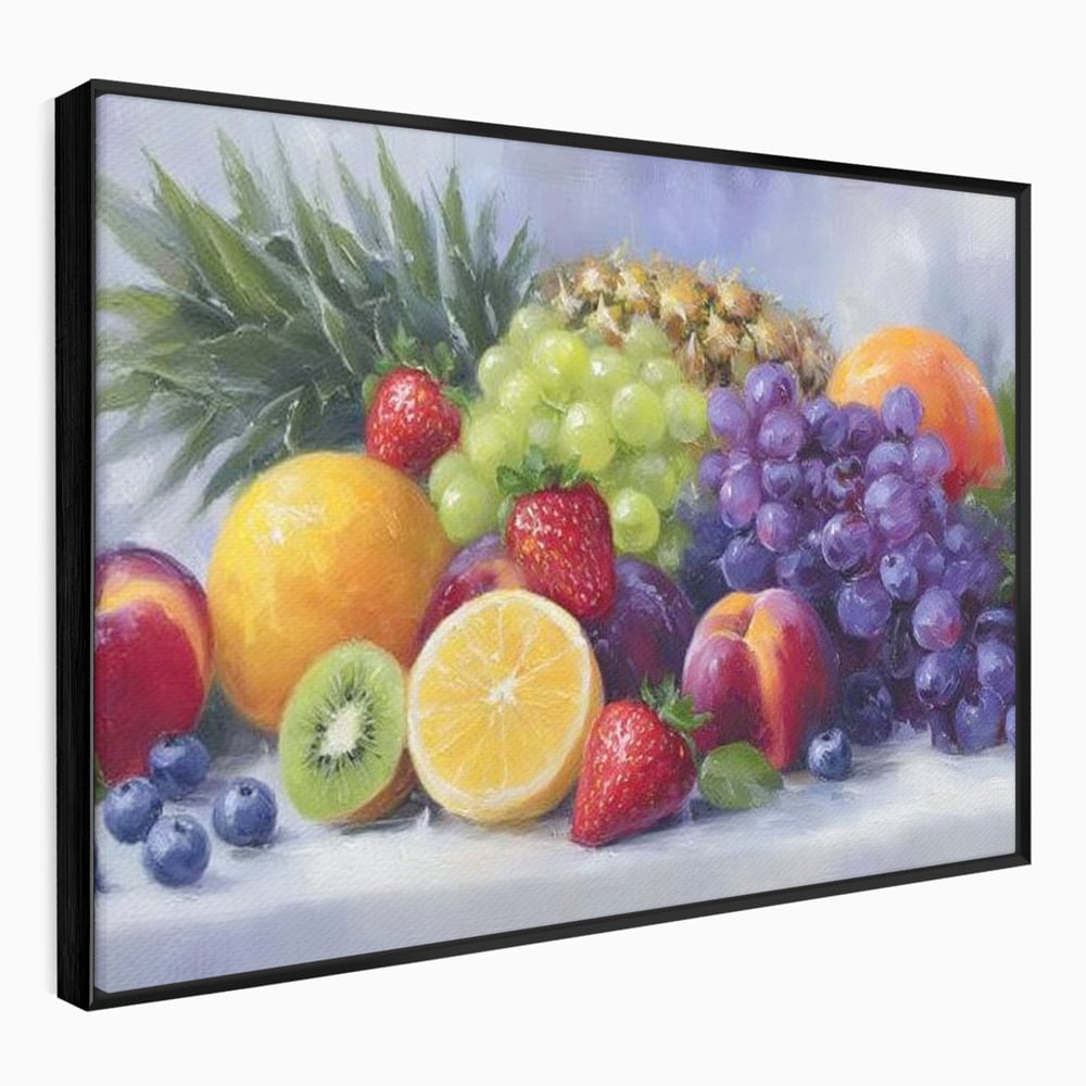 Tablou canvas cu pictura cu cos de fructe, in rama de aluminiu negru